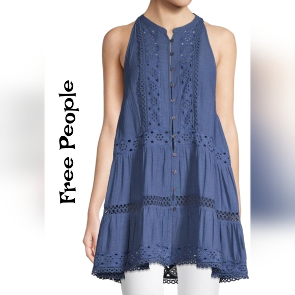 Free People Womens Tunic Sz S Blue Eyelet Trim Button Front Boho Beachy Vacation - Picture 1 of 13